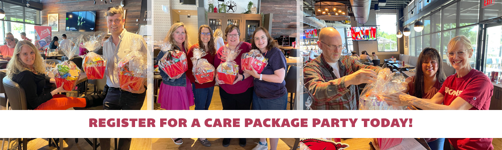 collage of images with parents wrapping care packages with the text: Register for a care package party today!