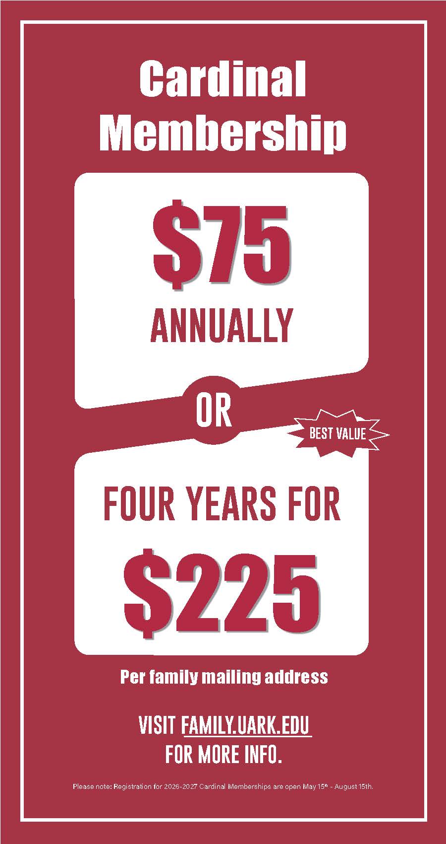 Cardinal Membership $75 Annually or four years for $225